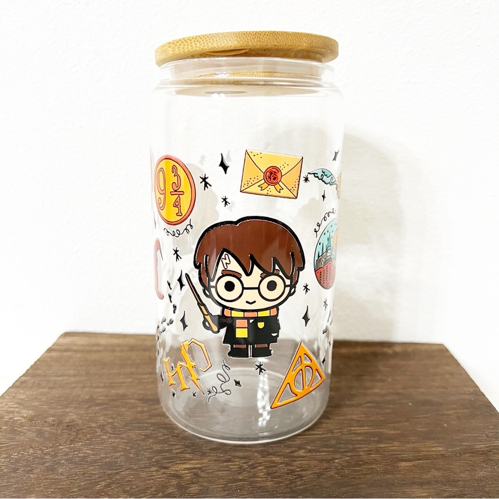 Harry Potter Themed Libbey Glass Can with Bamboo Lid and straw